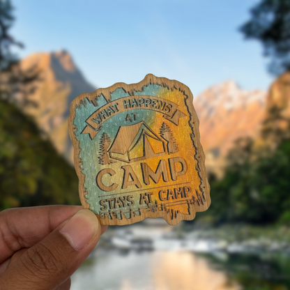 "WHAT HAPPENS AT CAMP" Bamboo Wood Sticker