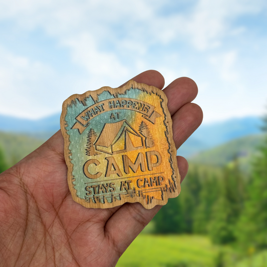 "WHAT HAPPENS AT CAMP" Bamboo Wood Sticker