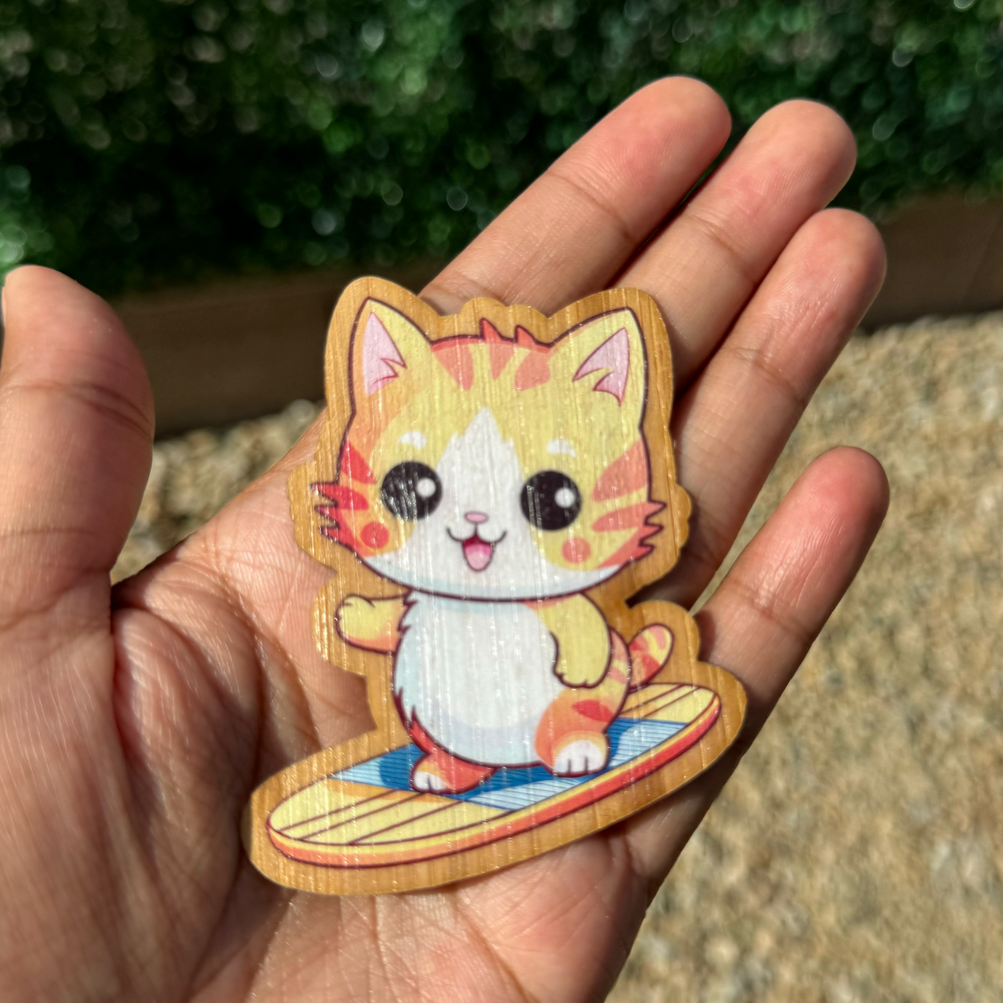 "SURFER CAT" Bamboo Wood Sticker