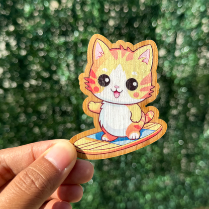 "SURFER CAT" Bamboo Wood Sticker