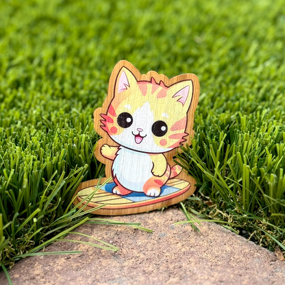 "SURFER CAT" Bamboo Wood Sticker