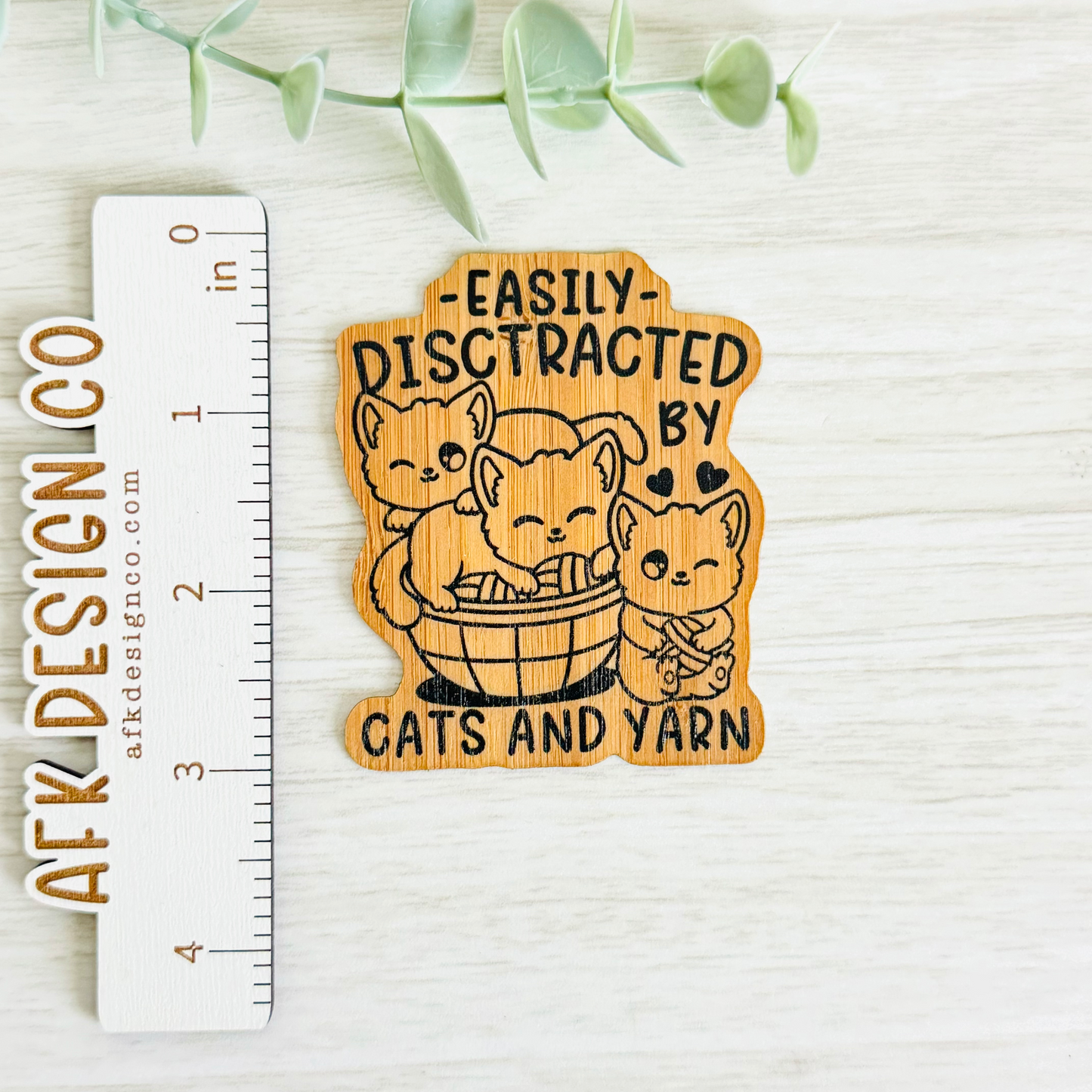 "EASILY DISTRACTED BY CATS AND YARN 2" Bamboo Wood Sticker