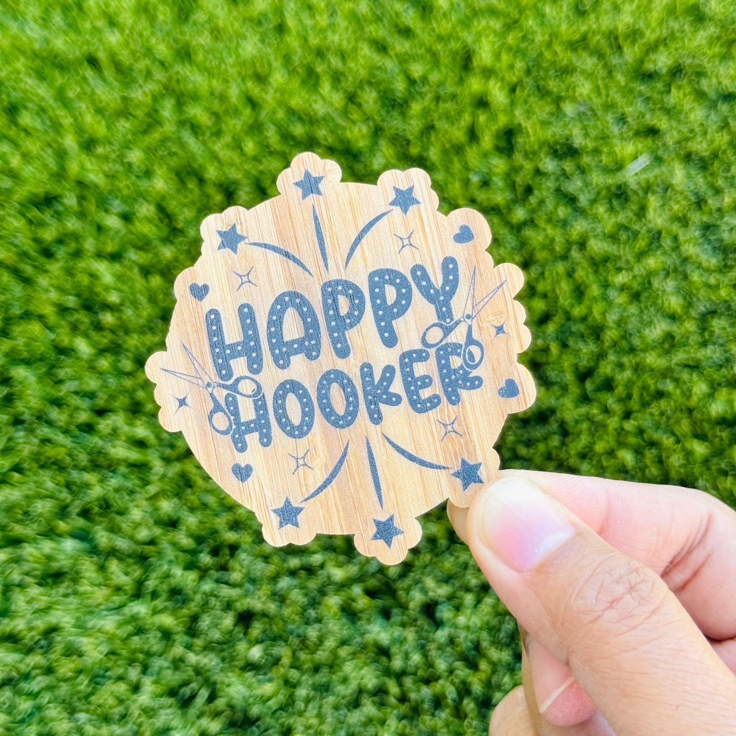 "HAPPY HOOKER" Bamboo Wood Sticker