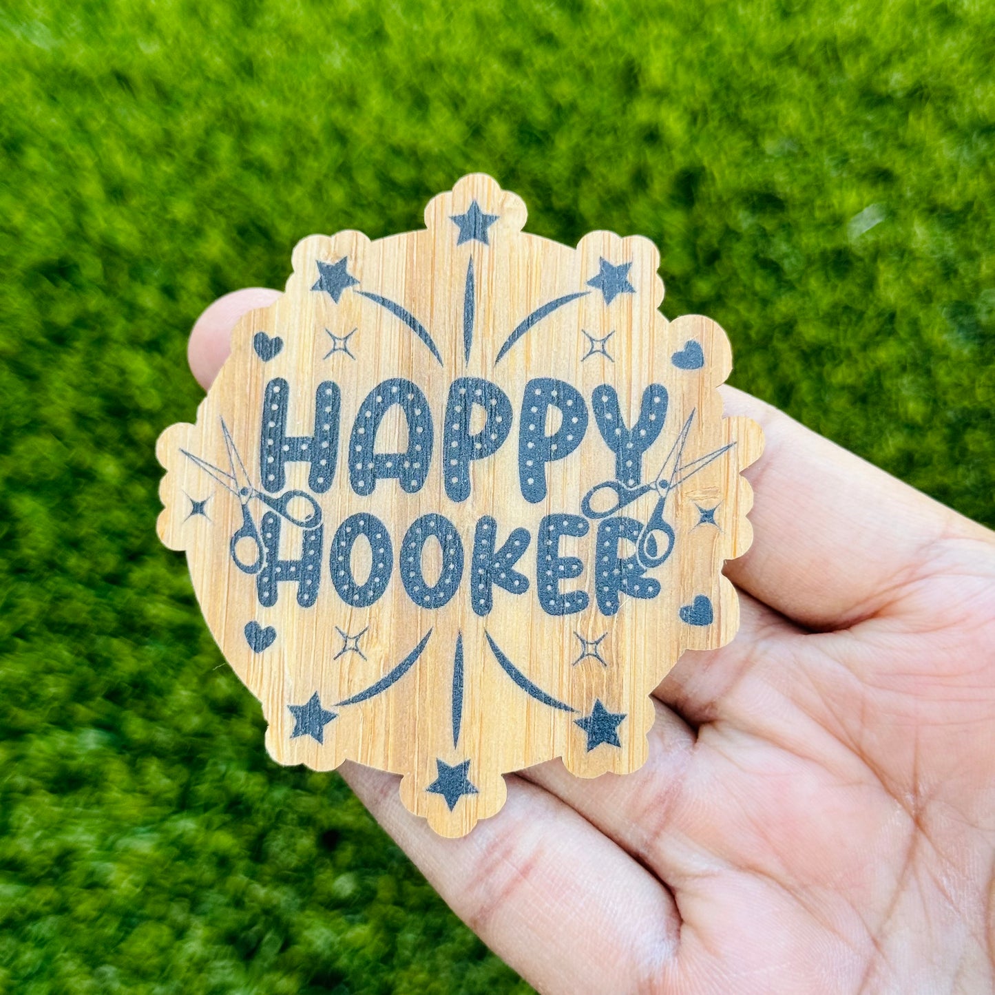 "HAPPY HOOKER" Bamboo Wood Sticker