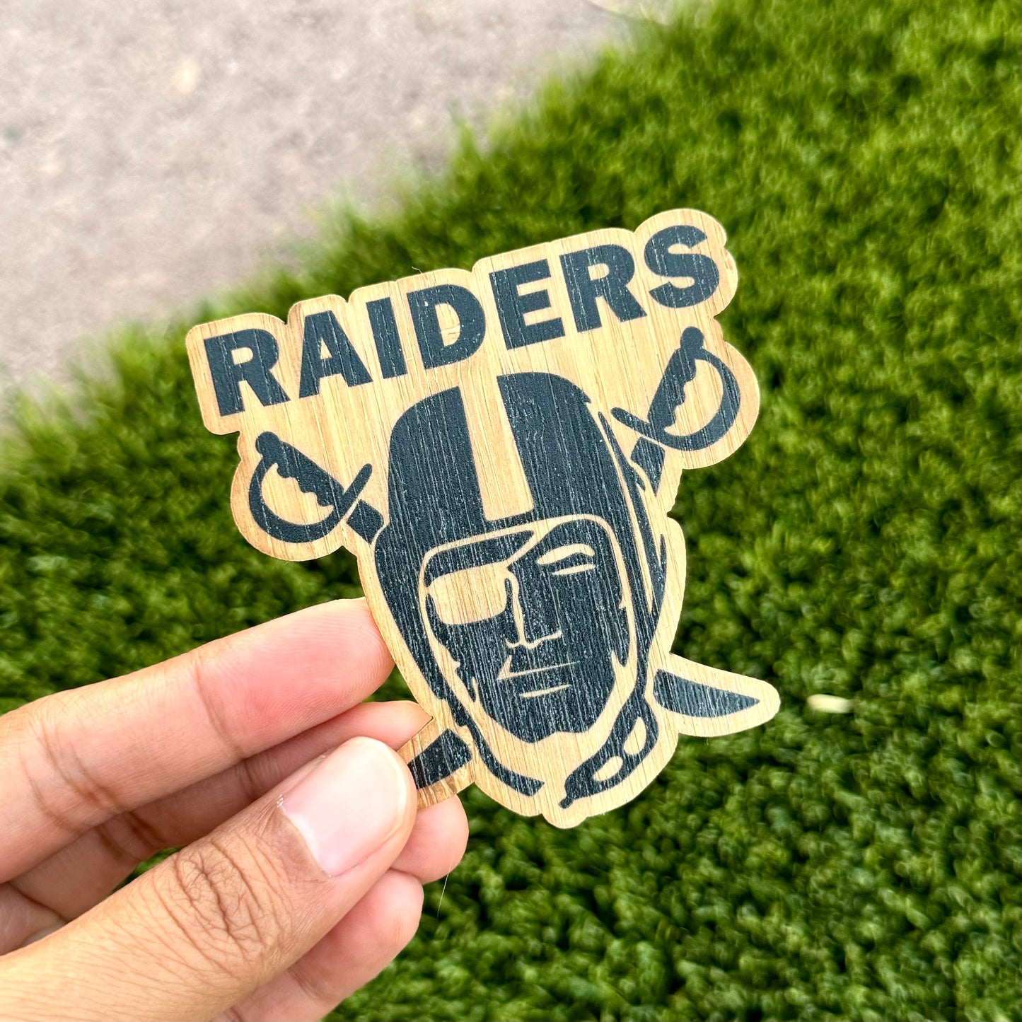 Raiders 3 Football Bamboo Wood Sticker, Made in Las Vegas