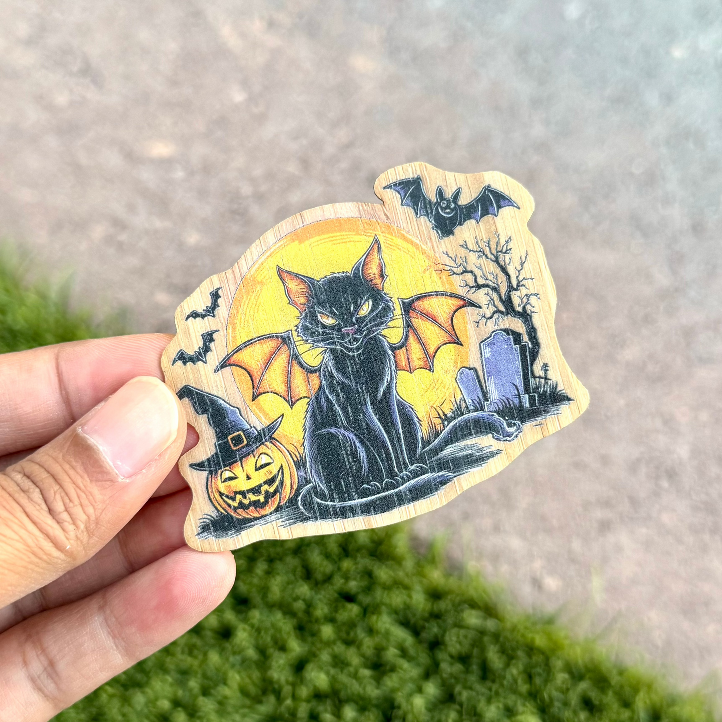 Black Bat Kitty Bamboo Wood Sticker, Made in Las Vegas