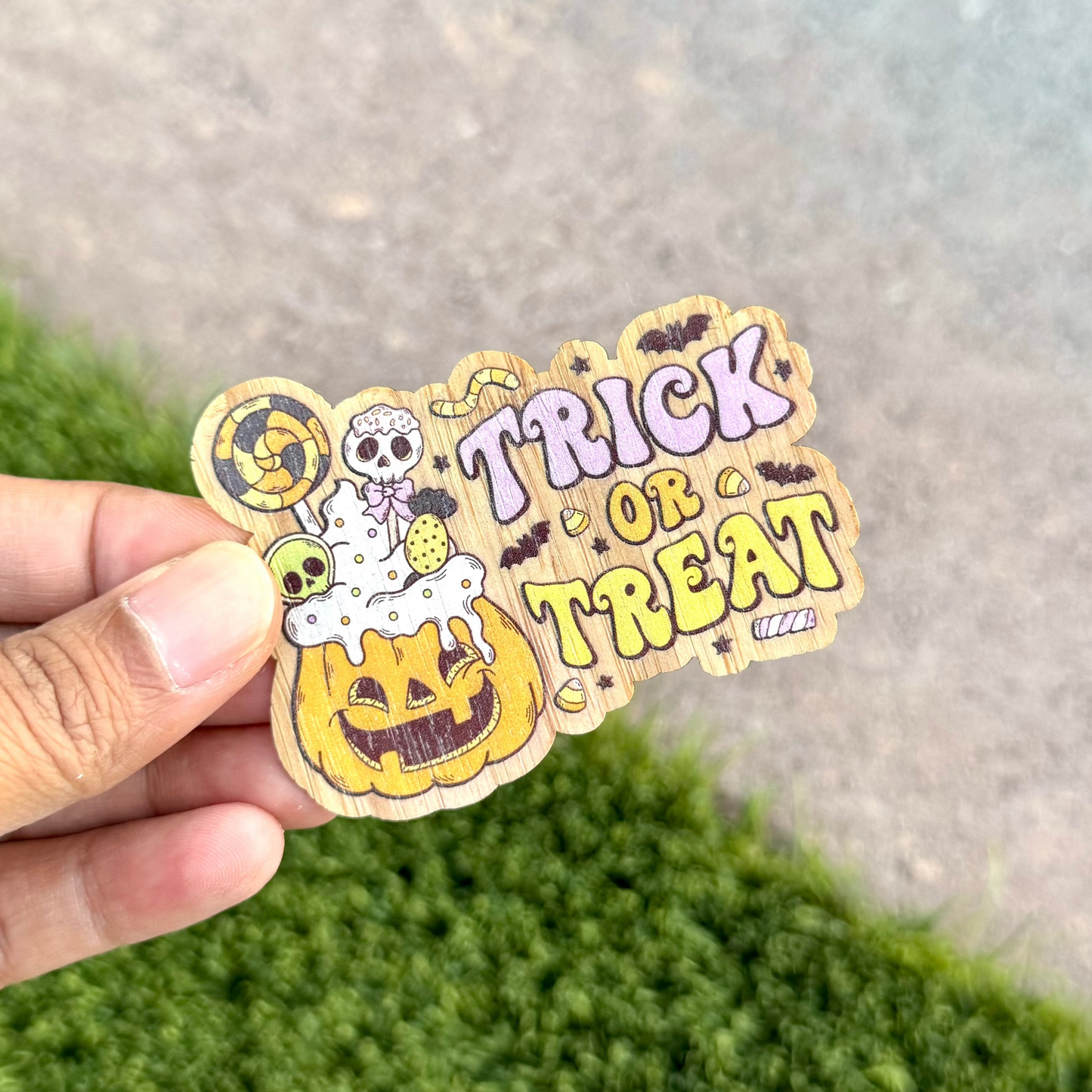 "Trick or Treat" Bamboo Wood Sticker, Made in Las Vegas