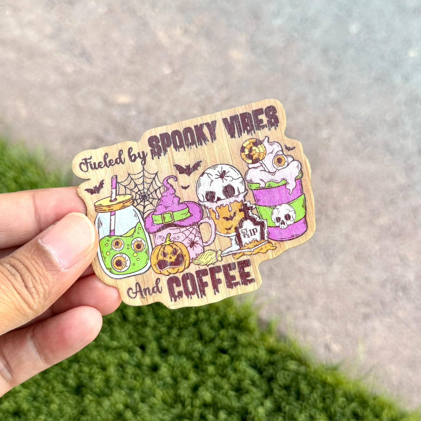 "Fueled by Spooky Vibes and Coffee" Bamboo Wood Sticker, Made in Las Vegas