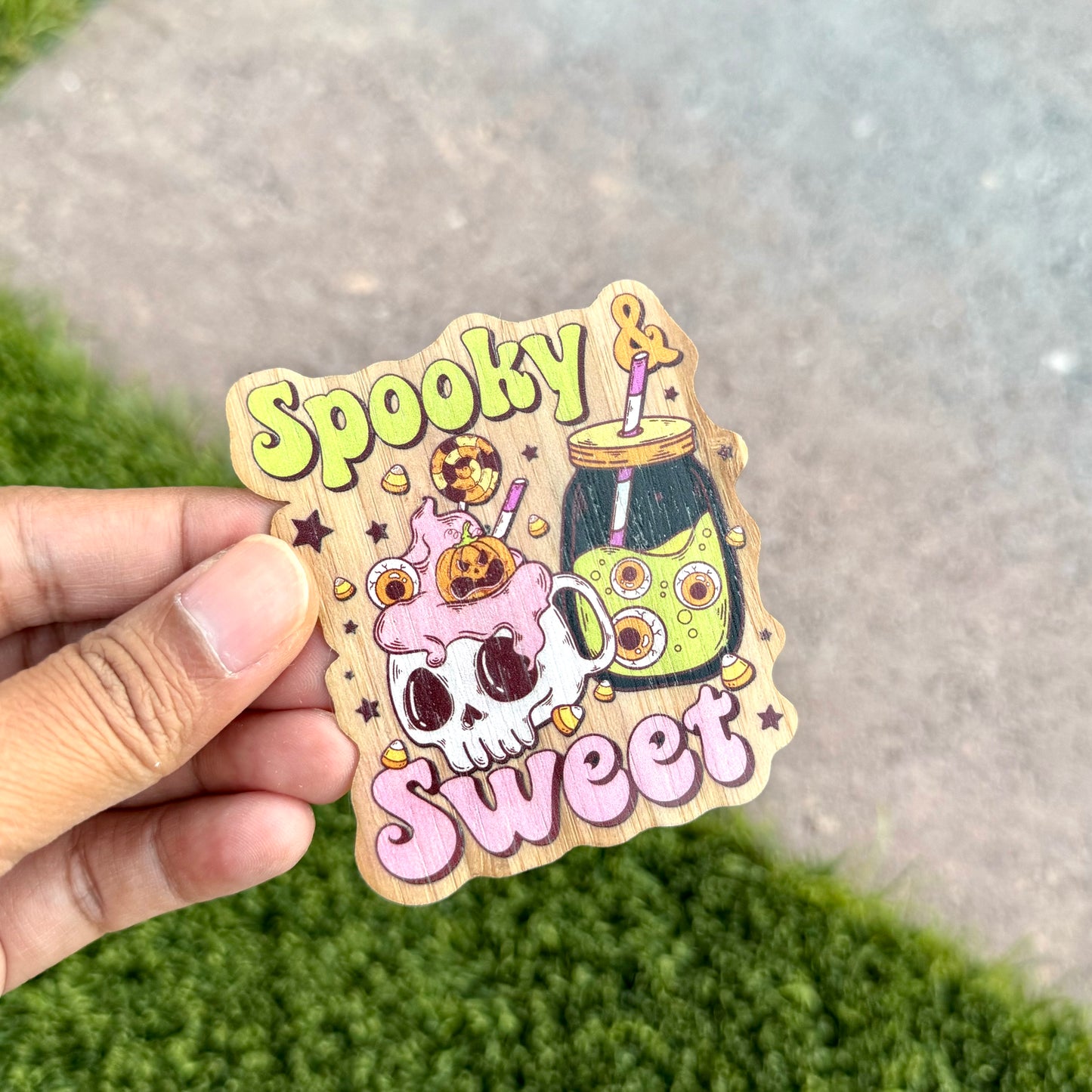 "Spooky and Sweet" Bamboo Wood Sticker, Made in Las Vegas