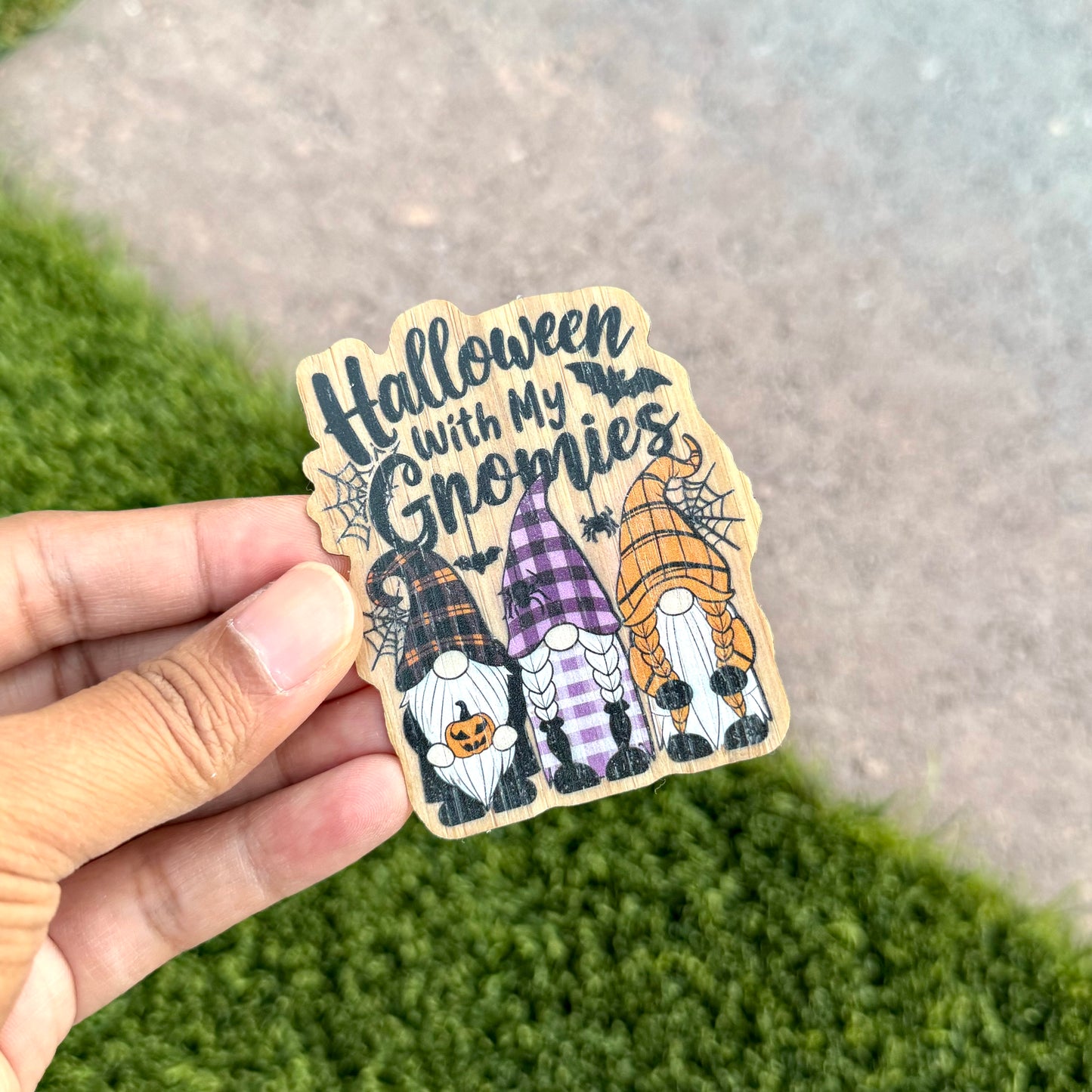 "Halloween with my Gnomies" Bamboo Wood Sticker, Made in Las Vegas