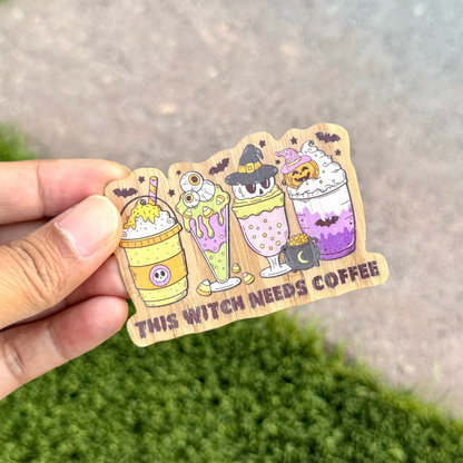 "This Witch Needs Coffee" Bamboo Wood Sticker, Made in Las Vegas