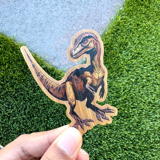 Velociraptor Dinosaur Bamboo Wood Sticker, Made in Las Vegas