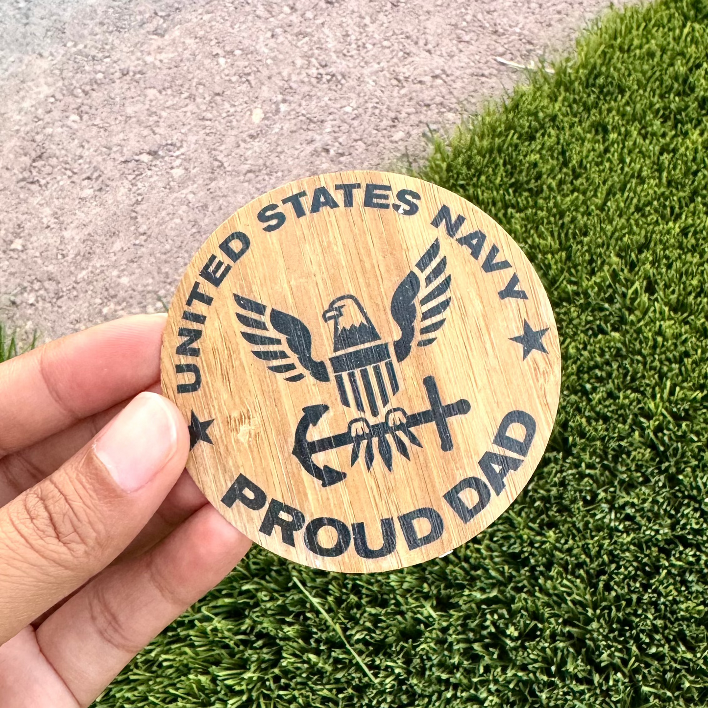 US Navy Proud Dad Bamboo Wood Sticker, Made in Las Vegas