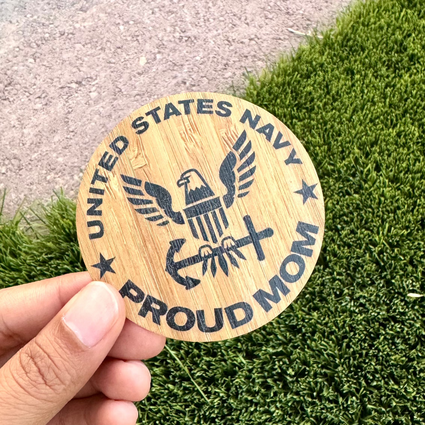 US Navy Proud Mom Bamboo Wood Sticker, Made in Las Vegas